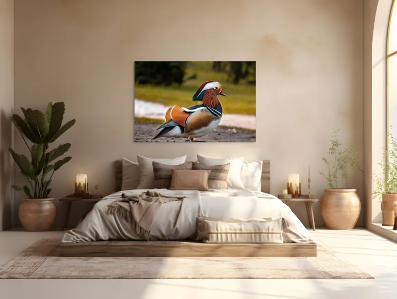 Tablou Canvas, "Rață mandarină în splendoarea ei", Rățușcă, Colorată, Elegantă, Peisaj, Natură, Armonie, Pădure, Libertate, 150 x 100 cm – poza 4
