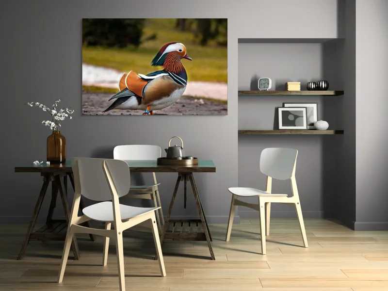 Tablou Canvas, "Rață mandarină în splendoarea ei", Rățușcă, Colorată, Elegantă, Peisaj, Natură, Armonie, Pădure, Libertate, 150 x 100 cm – poza 5