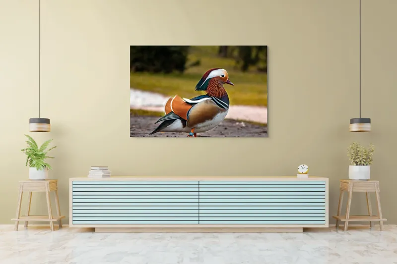 Tablou Canvas, "Rață mandarină în splendoarea ei", Rățușcă, Colorată, Elegantă, Peisaj, Natură, Armonie, Pădure, Libertate, 150 x 100 cm – poza 6
