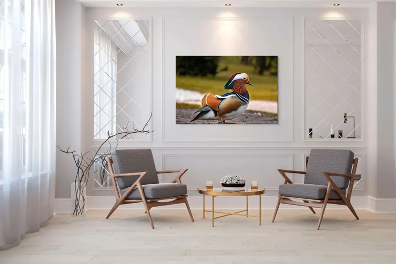 Tablou Canvas, "Rață mandarină în splendoarea ei", Rățușcă, Colorată, Elegantă, Peisaj, Natură, Armonie, Pădure, Libertate, 150 x 100 cm – poza 7