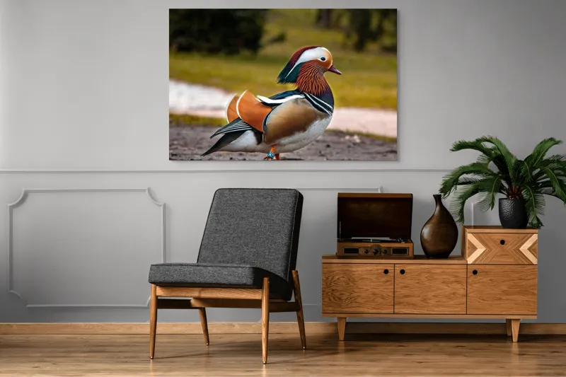 Tablou Canvas, "Rață mandarină în splendoarea ei", Rățușcă, Colorată, Elegantă, Peisaj, Natură, Armonie, Pădure, Libertate, 150 x 100 cm – poza 8