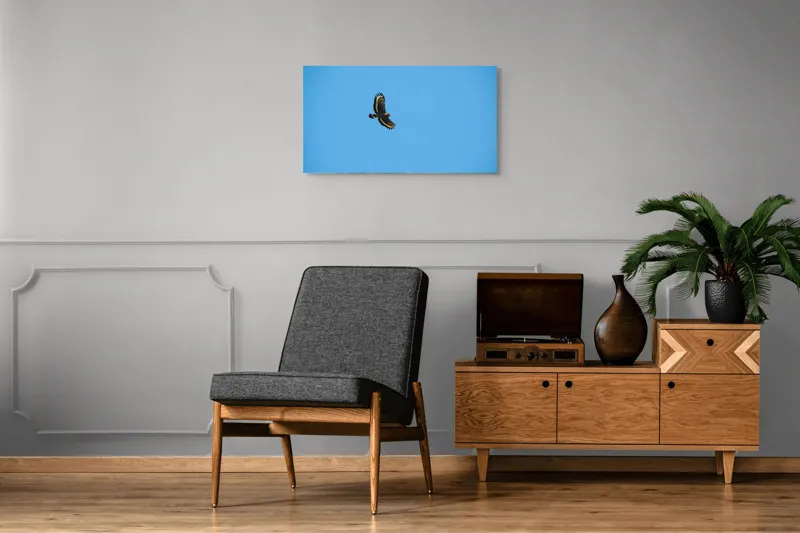 Tablou Canvas, "Zborul înalt al vulturului solitar", Vultur, Albastru, Cer, Înalt, Libertate, Aripi, Zbor, Majestuos, Natură, Solitudine, 90 x 50 cm – poza 6