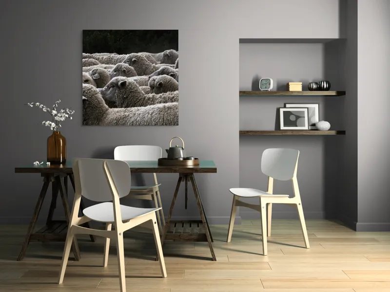 Tablou Canvas, "Turma de oi în amurg", Lână, Oi, Mulțime, Țesătură, Blană, Camp, Natură, Peisaj, Rânduri, Nori, Stațiune, Animale, Liniște, 100 x 100 cm – poza 6