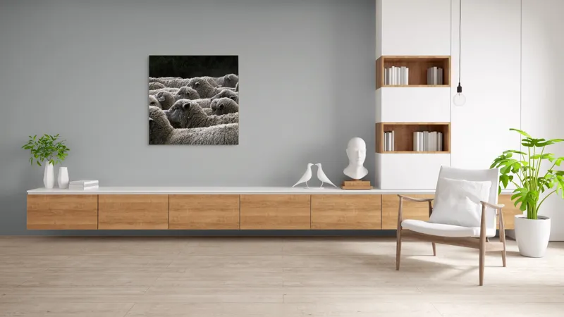 Tablou Canvas, "Turma de oi în amurg", Lână, Oi, Mulțime, Țesătură, Blană, Camp, Natură, Peisaj, Rânduri, Nori, Stațiune, Animale, Liniște, 100 x 100 cm – poza 8