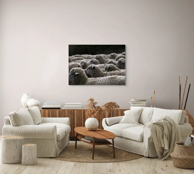 Tablou Canvas, "Turma de oi în amurg", Lână, Oi, Mulțime, Țesătură, Blană, Camp, Natură, Peisaj, Rânduri, Nori, Stațiune, Animale, Liniște, 100 x 70 cm – poza 3