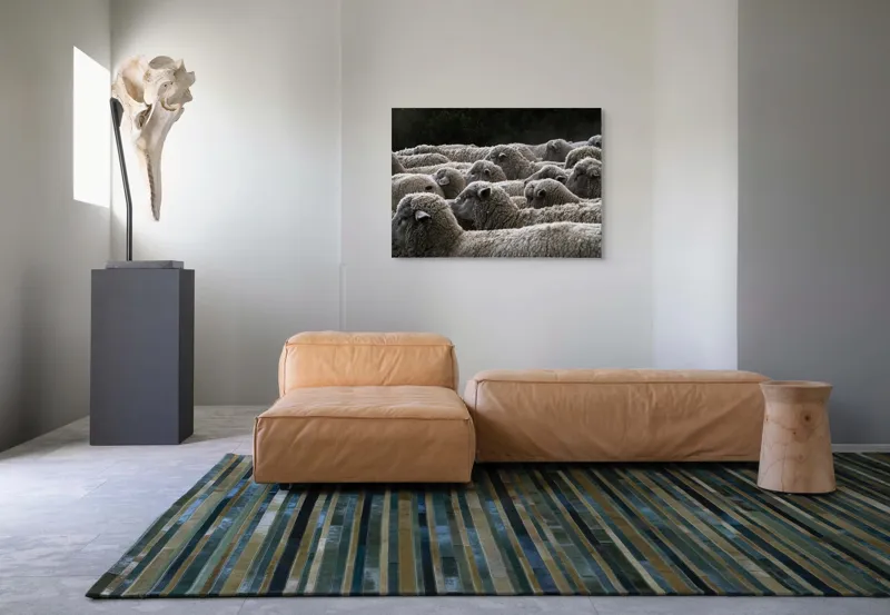 Tablou Canvas, "Turma de oi în amurg", Lână, Oi, Mulțime, Țesătură, Blană, Camp, Natură, Peisaj, Rânduri, Nori, Stațiune, Animale, Liniște, 100 x 70 cm – poza 7