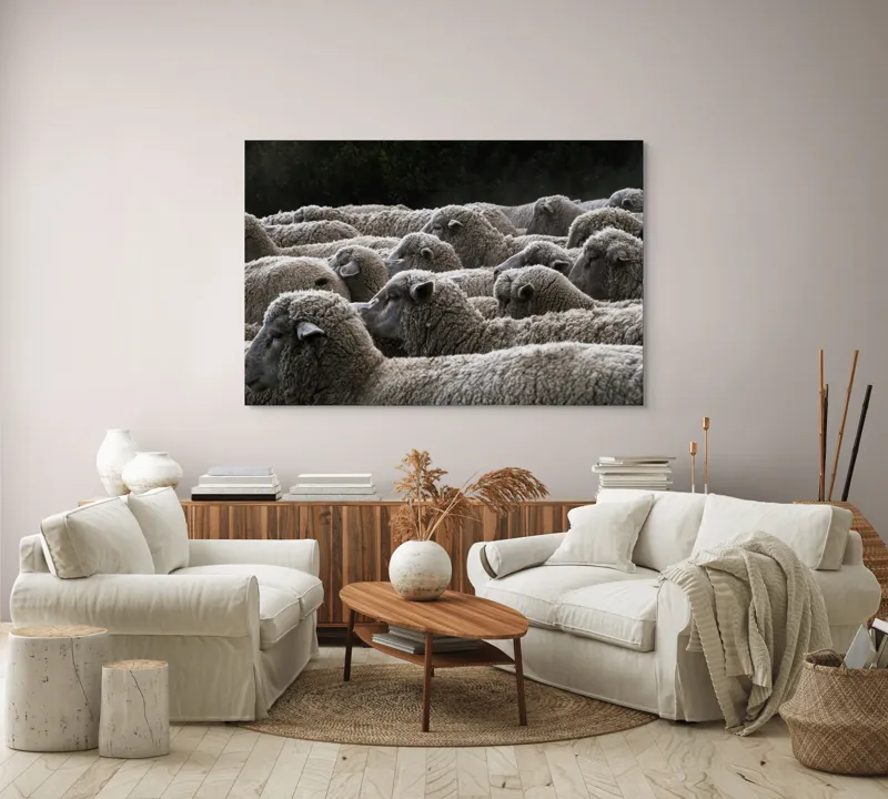 Tablou Canvas, "Turma de oi în amurg", Lână, Oi, Mulțime, Țesătură, Blană, Camp, Natură, Peisaj, Rânduri, Nori, Stațiune, Animale, Liniște, 150 x 100 cm – poza 3