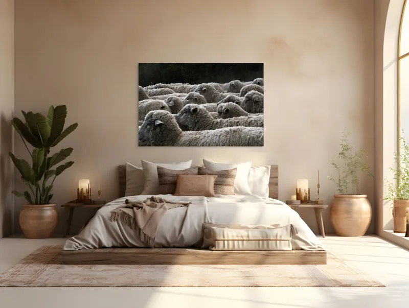 Tablou Canvas, "Turma de oi în amurg", Lână, Oi, Mulțime, Țesătură, Blană, Camp, Natură, Peisaj, Rânduri, Nori, Stațiune, Animale, Liniște, 150 x 100 cm – poza 4
