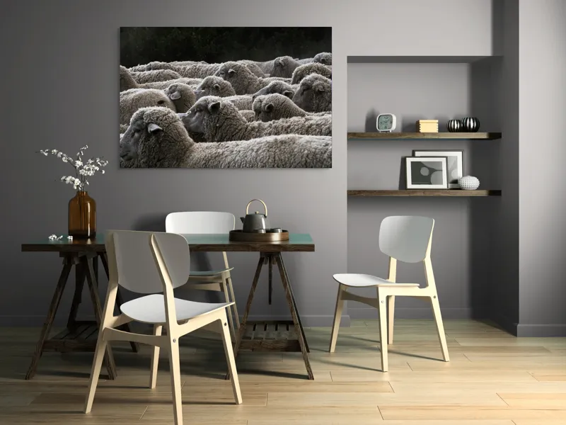 Tablou Canvas, "Turma de oi în amurg", Lână, Oi, Mulțime, Țesătură, Blană, Camp, Natură, Peisaj, Rânduri, Nori, Stațiune, Animale, Liniște, 150 x 100 cm – poza 5