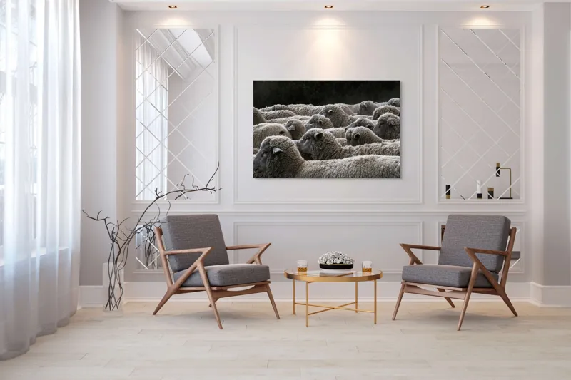 Tablou Canvas, "Turma de oi în amurg", Lână, Oi, Mulțime, Țesătură, Blană, Camp, Natură, Peisaj, Rânduri, Nori, Stațiune, Animale, Liniște, 150 x 100 cm – poza 7