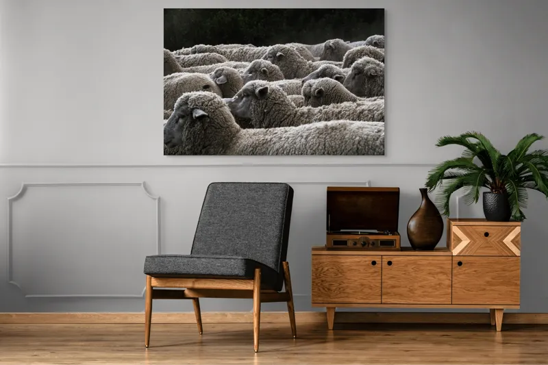 Tablou Canvas, "Turma de oi în amurg", Lână, Oi, Mulțime, Țesătură, Blană, Camp, Natură, Peisaj, Rânduri, Nori, Stațiune, Animale, Liniște, 150 x 100 cm – poza 8