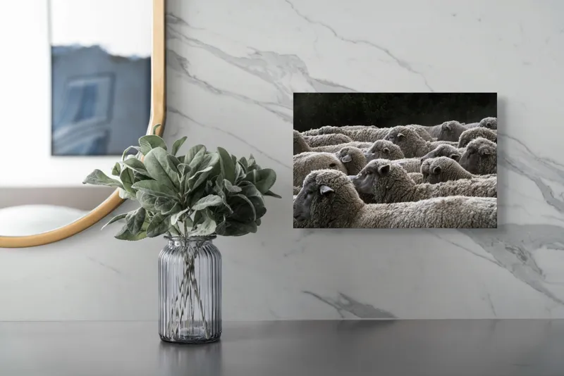 Tablou Canvas, "Turma de oi în amurg", Lână, Oi, Mulțime, Țesătură, Blană, Camp, Natură, Peisaj, Rânduri, Nori, Stațiune, Animale, Liniște, 39 x 26 cm – poza 5