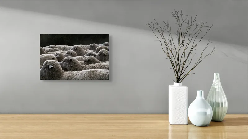 Tablou Canvas, "Turma de oi în amurg", Lână, Oi, Mulțime, Țesătură, Blană, Camp, Natură, Peisaj, Rânduri, Nori, Stațiune, Animale, Liniște, 39 x 26 cm – poza 8