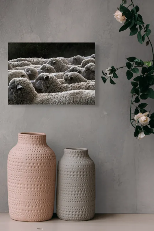 Tablou Canvas, "Turma de oi în amurg", Lână, Oi, Mulțime, Țesătură, Blană, Camp, Natură, Peisaj, Rânduri, Nori, Stațiune, Animale, Liniște, 54 x 39 cm – poza 8