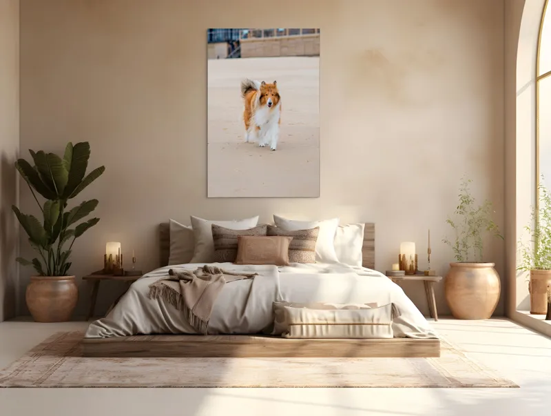 Tablou Canvas, "Câine alergând liber pe plajă", Câine, Nisip, Blană, Mare, Plajă, Mișcare, Relaxare, Bucle, Cozi, Fericire, 100 x 150 cm – poza 3