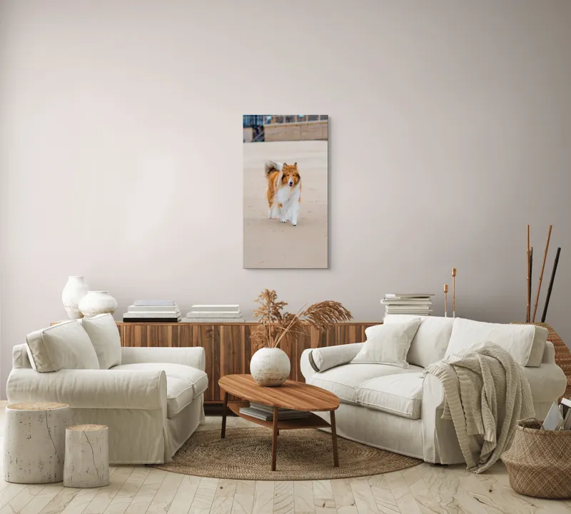 Tablou Canvas, "Câine alergând liber pe plajă", Câine, Nisip, Blană, Mare, Plajă, Mișcare, Relaxare, Bucle, Cozi, Fericire, 50 x 90 cm – poza 7