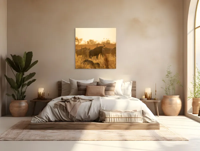 Tablou Canvas, "Turma de gnu în lumina apusului", Wildebeest, Apus, Savană, Siluete, Întuneric, Peisaj, Iarbă, Animale, Nature, Serenitate, 100 x 100 cm – poza 4