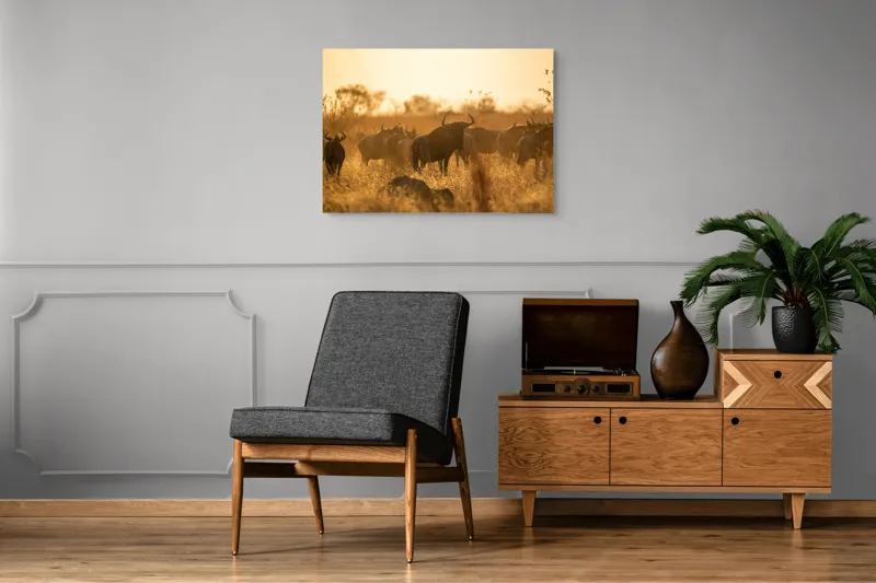 Tablou Canvas, "Turma de gnu în lumina apusului", Wildebeest, Apus, Savană, Siluete, Întuneric, Peisaj, Iarbă, Animale, Nature, Serenitate, 100 x 70 cm – poza 8