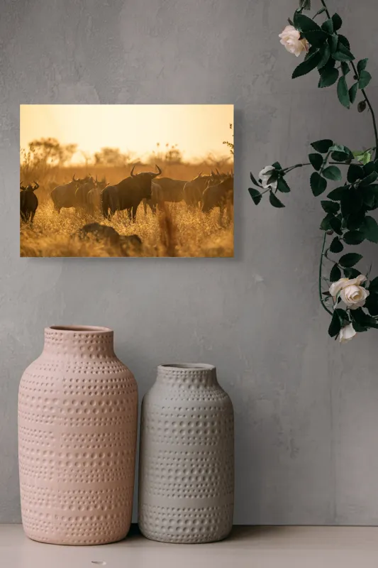 Tablou Canvas, "Turma de gnu în lumina apusului", Wildebeest, Apus, Savană, Siluete, Întuneric, Peisaj, Iarbă, Animale, Nature, Serenitate, 54 x 39 cm – poza 8