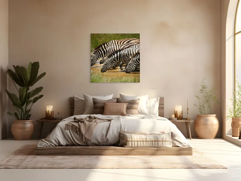 Tablou Canvas, "Zebre la adăpat în savană", Zebre, Apă, Dungi, Natură, Verdeață, Reflecții, Armonie, Animale, Contrast, 100 x 100 cm – poza 4