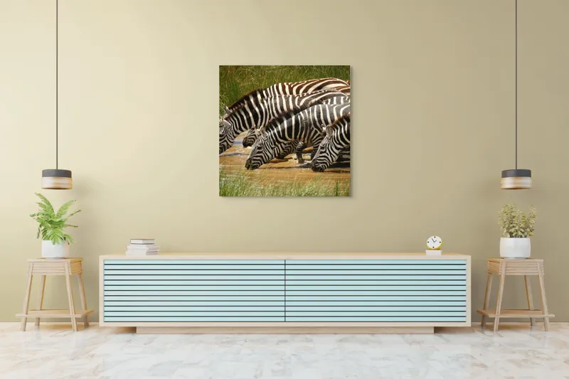 Tablou Canvas, "Zebre la adăpat în savană", Zebre, Apă, Dungi, Natură, Verdeață, Reflecții, Armonie, Animale, Contrast, 100 x 100 cm – poza 5