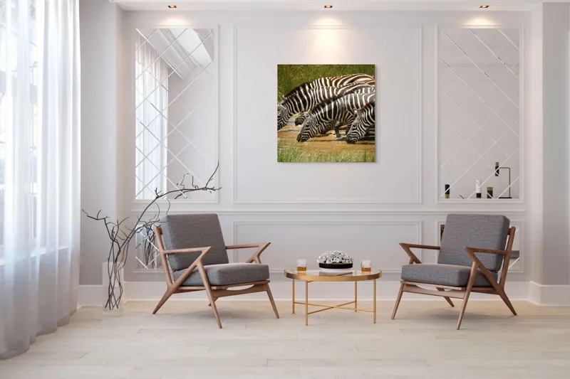 Tablou Canvas, "Zebre la adăpat în savană", Zebre, Apă, Dungi, Natură, Verdeață, Reflecții, Armonie, Animale, Contrast, 100 x 100 cm – poza 7