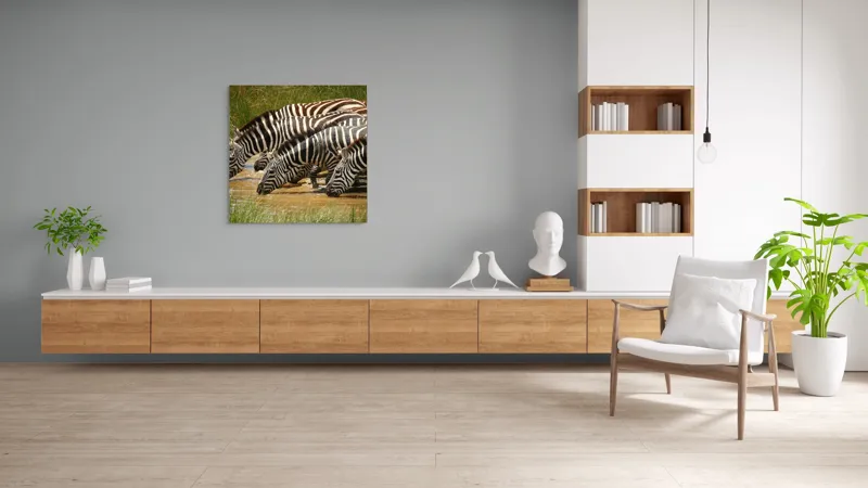 Tablou Canvas, "Zebre la adăpat în savană", Zebre, Apă, Dungi, Natură, Verdeață, Reflecții, Armonie, Animale, Contrast, 100 x 100 cm – poza 8