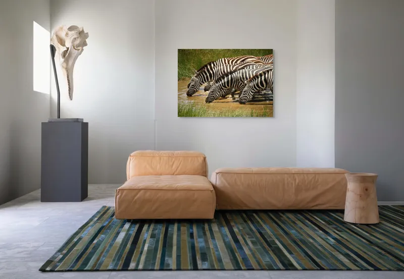 Tablou Canvas, "Zebre la adăpat în savană", Zebre, Apă, Dungi, Natură, Verdeață, Reflecții, Armonie, Animale, Contrast, 100 x 70 cm – poza 7
