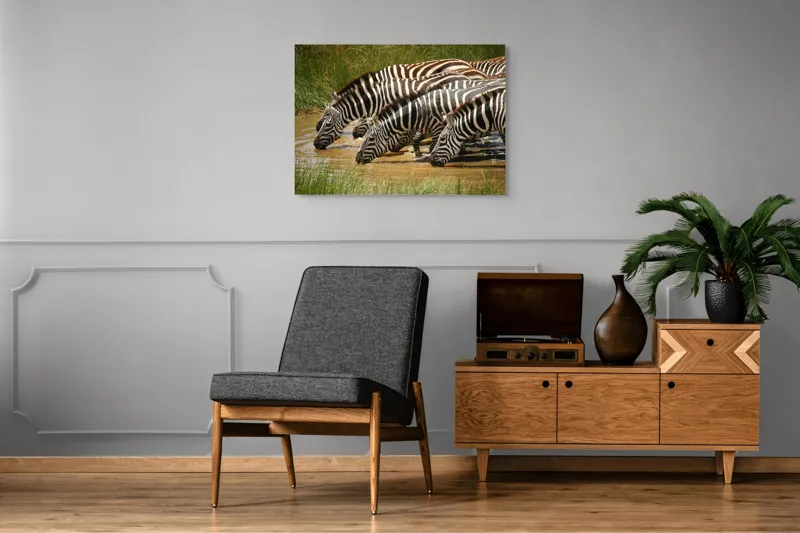 Tablou Canvas, "Zebre la adăpat în savană", Zebre, Apă, Dungi, Natură, Verdeață, Reflecții, Armonie, Animale, Contrast, 100 x 70 cm – poza 8