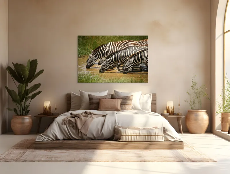 Tablou Canvas, "Zebre la adăpat în savană", Zebre, Apă, Dungi, Natură, Verdeață, Reflecții, Armonie, Animale, Contrast, 150 x 100 cm – poza 4
