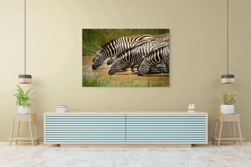 Tablou Canvas, "Zebre la adăpat în savană", Zebre, Apă, Dungi, Natură, Verdeață, Reflecții, Armonie, Animale, Contrast, 150 x 100 cm – poza 6