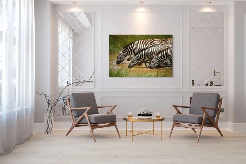 Tablou Canvas, "Zebre la adăpat în savană", Zebre, Apă, Dungi, Natură, Verdeață, Reflecții, Armonie, Animale, Contrast, 150 x 100 cm – poza 7