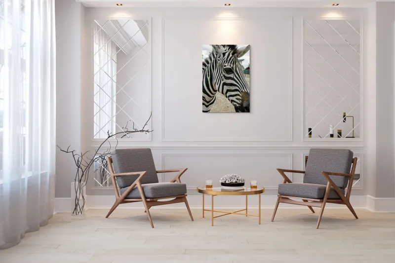 Tablou Canvas, "Zebra contemplând în lumina dimineții", Zebră, Dungi, Natură, Curiozitate, Faună, Contrast, Privire, Habitat, Blană, Alb-Negru, 70 x 100 cm – poza 8