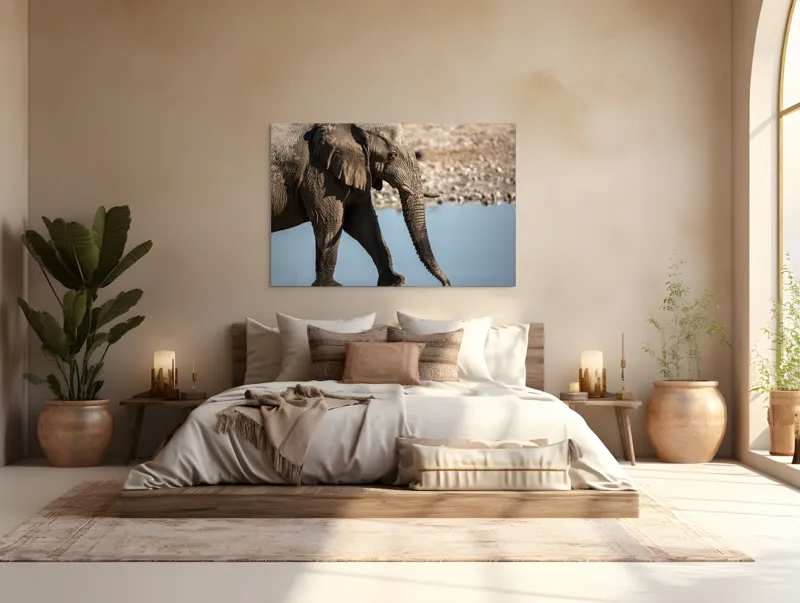 Tablou Canvas, "Elefant în apropierea apei albastre", Elefant, Trunchi, Apă, Peisaj, Urechi, Natură, Textură, Maro, Reflecție, 150 x 100 cm – poza 4
