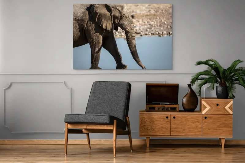 Tablou Canvas, "Elefant în apropierea apei albastre", Elefant, Trunchi, Apă, Peisaj, Urechi, Natură, Textură, Maro, Reflecție, 150 x 100 cm – poza 8