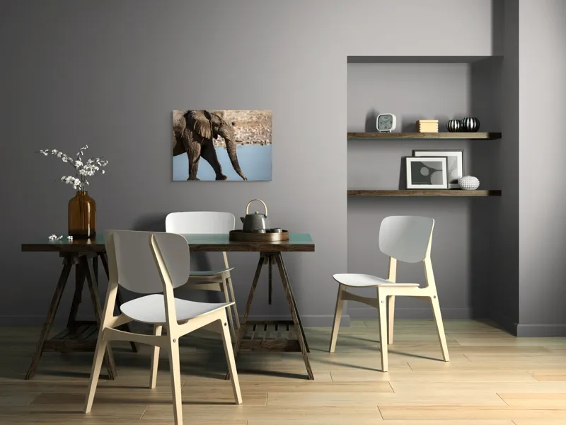Tablou Canvas, "Elefant în apropierea apei albastre", Elefant, Trunchi, Apă, Peisaj, Urechi, Natură, Textură, Maro, Reflecție, 70 x 50 cm – poza 5