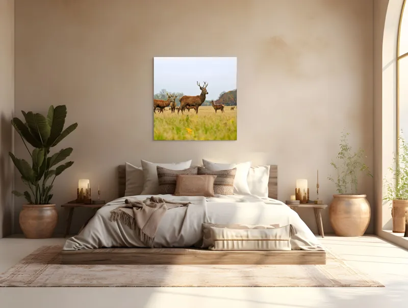 Tablou Canvas, "Cerbi în peisaj de toamnă aurie", Cerbi, Pajiște, Coarne, Natură, Toamnă, Arbori, Turmă, Căprioare., 100 x 100 cm – poza 4