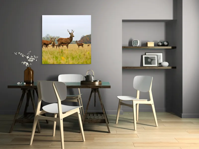 Tablou Canvas, "Cerbi în peisaj de toamnă aurie", Cerbi, Pajiște, Coarne, Natură, Toamnă, Arbori, Turmă, Căprioare., 100 x 100 cm – poza 6