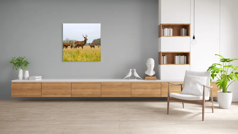 Tablou Canvas, "Cerbi în peisaj de toamnă aurie", Cerbi, Pajiște, Coarne, Natură, Toamnă, Arbori, Turmă, Căprioare., 100 x 100 cm – poza 8