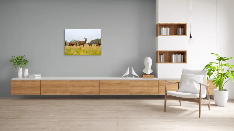 Tablou Canvas, "Cerbi în peisaj de toamnă aurie", Cerbi, Pajiște, Coarne, Natură, Toamnă, Arbori, Turmă, Căprioare., 100 x 70 cm – poza 6