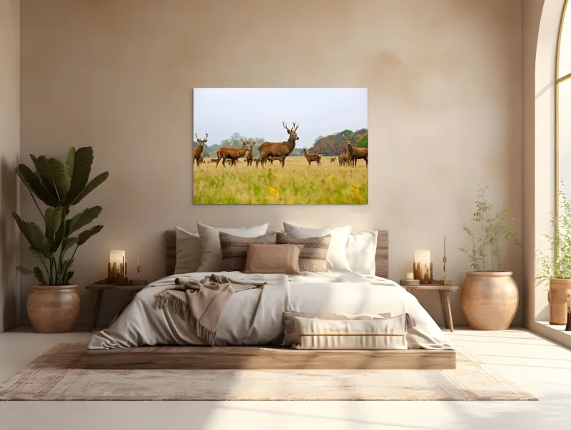 Tablou Canvas, "Cerbi în peisaj de toamnă aurie", Cerbi, Pajiște, Coarne, Natură, Toamnă, Arbori, Turmă, Căprioare., 150 x 100 cm – poza 4