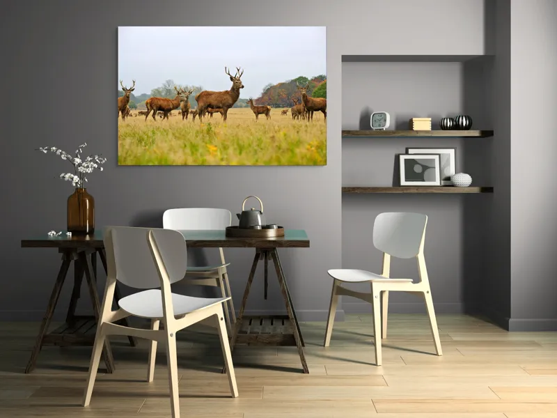 Tablou Canvas, "Cerbi în peisaj de toamnă aurie", Cerbi, Pajiște, Coarne, Natură, Toamnă, Arbori, Turmă, Căprioare., 150 x 100 cm – poza 5