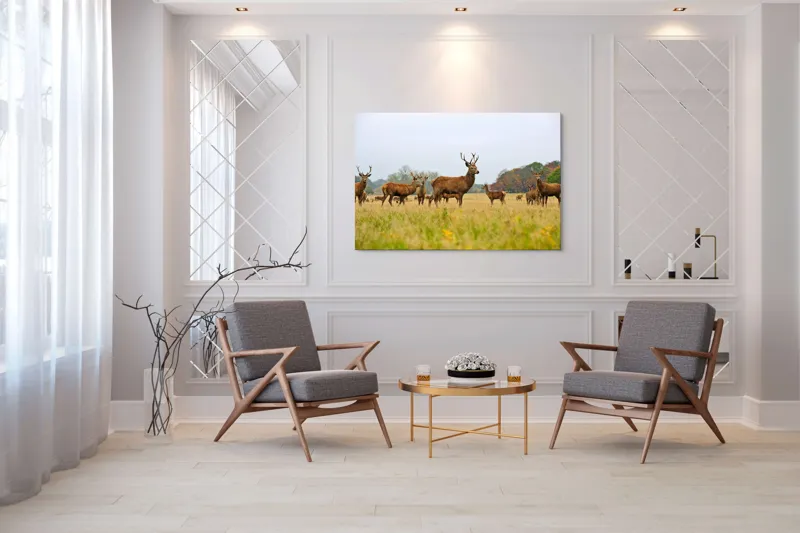 Tablou Canvas, "Cerbi în peisaj de toamnă aurie", Cerbi, Pajiște, Coarne, Natură, Toamnă, Arbori, Turmă, Căprioare., 150 x 100 cm – poza 7