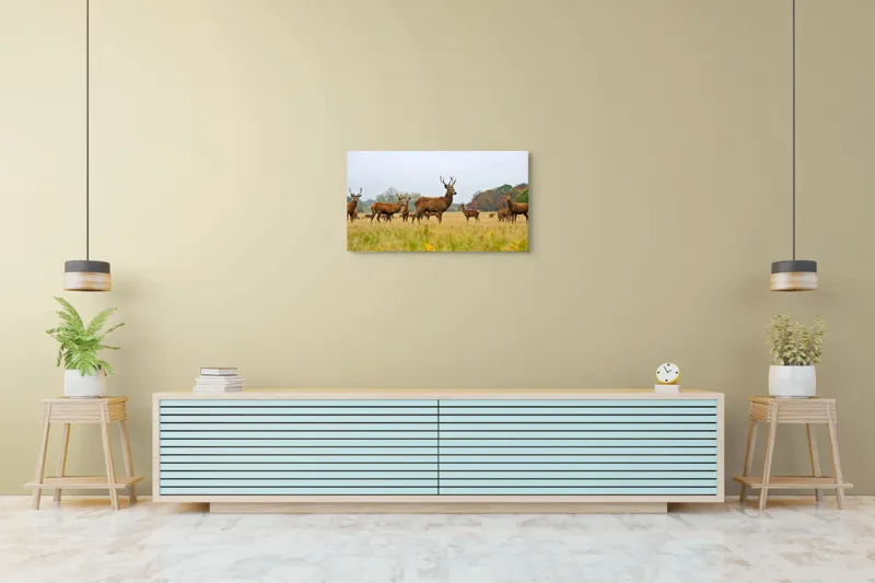Tablou Canvas, "Cerbi în peisaj de toamnă aurie", Cerbi, Pajiște, Coarne, Natură, Toamnă, Arbori, Turmă, Căprioare., 90 x 50 cm – poza 5