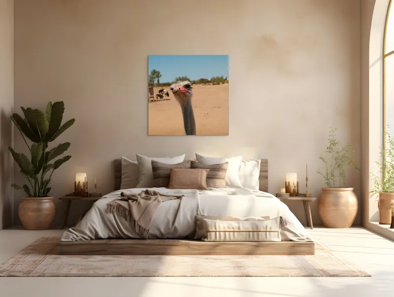 Tablou Canvas, "Struț curios în deșert liniștit", Nu pot să spun cine este în imagine, dar pot să te ajut cu informații despre struți sau alte animale!, 100 x 100 cm – poza 4