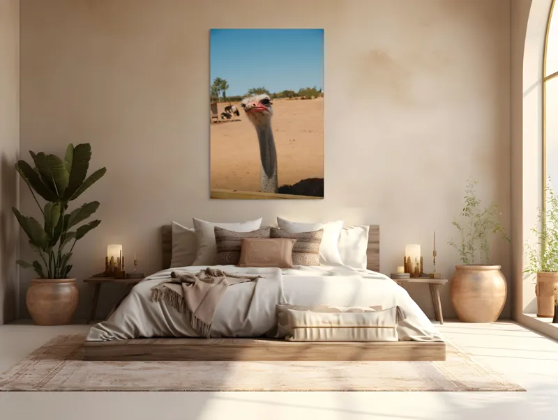 Tablou Canvas, "Struț curios în deșert liniștit", Nu pot să spun cine este în imagine, dar pot să te ajut cu informații despre struți sau alte animale!, 100 x 150 cm – poza 3