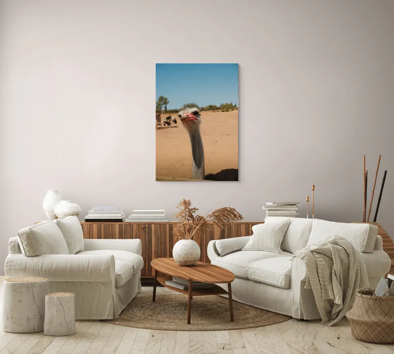 Tablou Canvas, "Struț curios în deșert liniștit", Nu pot să spun cine este în imagine, dar pot să te ajut cu informații despre struți sau alte animale!, 70 x 100 cm – poza 4