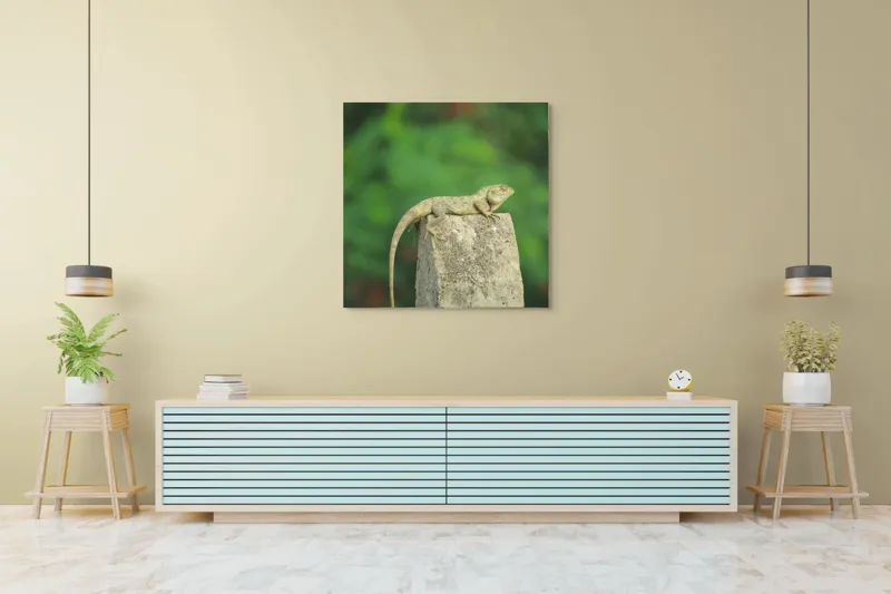 Tablou Canvas, "Șopârla contemplând orizontul verde", Șopârlă, Piatră, Verdeață, Natură, Odihnă, Solitudine, Calm, Echilibru, 100 x 100 cm – poza 5