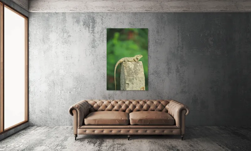 Tablou Canvas, "Șopârla contemplând orizontul verde", Șopârlă, Piatră, Verdeață, Natură, Odihnă, Solitudine, Calm, Echilibru, 100 x 150 cm – poza 6
