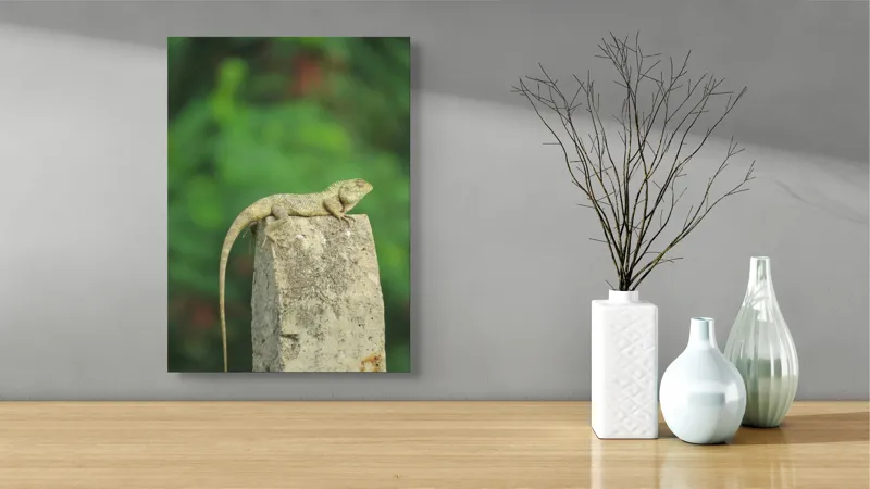 Tablou Canvas, "Șopârla contemplând orizontul verde", Șopârlă, Piatră, Verdeață, Natură, Odihnă, Solitudine, Calm, Echilibru, 39 x 54 cm – poza 4